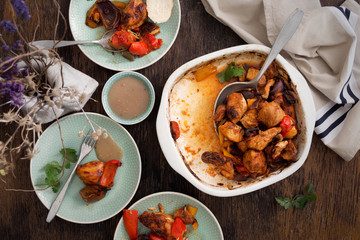 Wall Mural - Dinner eating table with baked chicken breast with vegetables