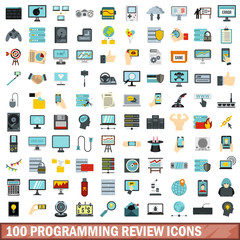 Poster - 100 programming review icons set, flat style