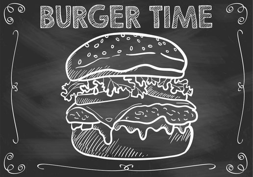 Wall Mural -  - Chalkboard Burger Time with Hand Drawn Burger