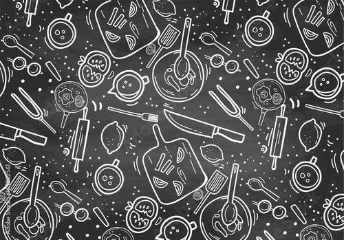 Hand Drawn Chalkboard cooking pattern Tableau sur Toile