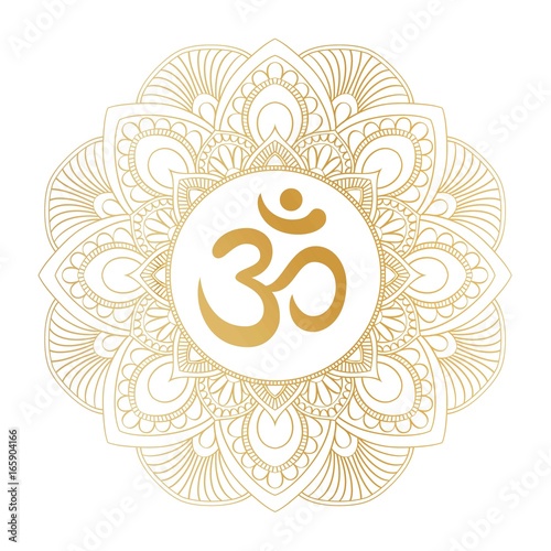 Photo Golden Aum Om Ohm symbol in decorative round mandala ornament, perfect for t- shirt prints, posters, textile design, typography goods