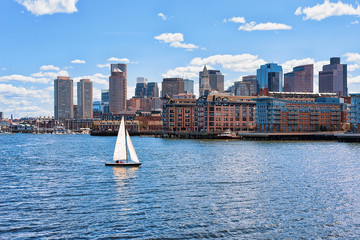 Wall Mural - Sailboat with the skyline Boston MA America