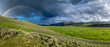 Regenbogen über saftig grünem Lamar Valley mit Bison Herde im Yellowstone Nationalpark, Wyoming