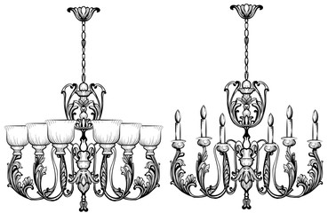 Rich Baroque Classic chandelier. Luxury decor accessory design. Vector illustration sketch