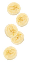 Isolated Flying Banana. Peeled Falling Banana Slices Isolated On White, With Clipping Path