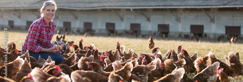 Fotomural female farmer in farm with chicken