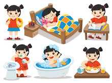 The daily routine of Asian girl on a white background. [sleep, brush teeth, take a bath, eat, do homework]. Isolated vector