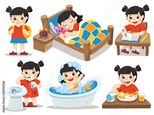 Fotomural The daily routine of Asian girl on a white background