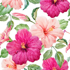 Canvas Print - Watercolor tropical hibiscus vector pattern