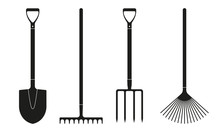 Shovel Or Spade, Rake And Pitchfork Icons Isolated On White Background. Gardening Tools Design. Vector Illustration.