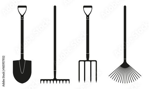 Fotomural Shovel or spade, rake and pitchfork icons isolated on white background