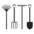 Shovel or spade, rake and pitchfork icons isolated on white background. Gardening tools design. Vector illustration.