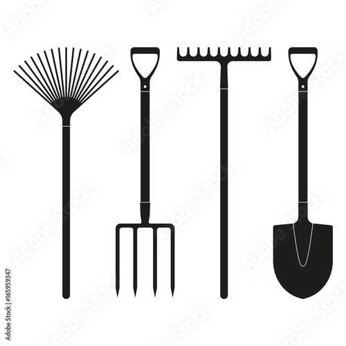 Fotomural Shovel or spade, rake and pitchfork icons isolated on white background