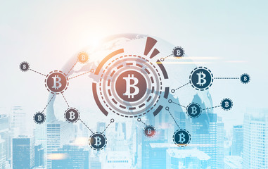 Poster - Bitcoin network, HUD, world map, cityscape