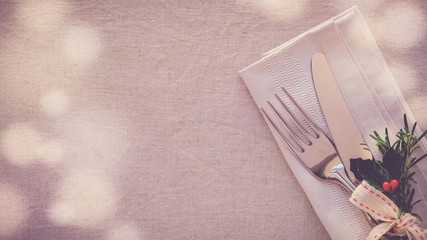 Wall Mural - Christmas table place setting, New year eve 2024, holidays copy space background