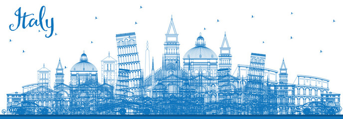 Outline Italy Skyline with Blue Landmarks.