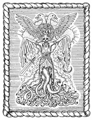 ПечатьBlack and white drawing with evil goddess or female demon with tentacles, skull and mystic spiritual symbols in frame