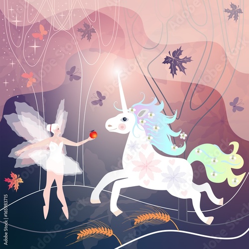 Plakat Piękna czarodziejska dziewczyna spotyka białego jednorożec w magicznym lesie, dokąd liście i motyle latają.
