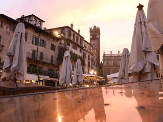 Wall Mural - Piazza delle Erbe and Gardello tower at the background in center of Verona city, Italy