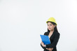 © tuiphotoengineer - Asian women engineering inspecting  and working and holding blueprints and clipboard checking  isolated on white background