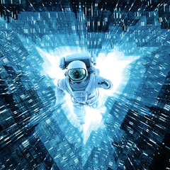 Wall Mural - diving into the core / 3d illustration of astronaut floating along bright spaceship corridor