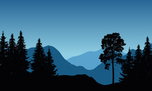 Vector Illustration Of A Mountain Landscape With Trees Under A Blue Winter Sky