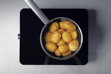 Canvas Print - Metal pot with new potatoes on induction cooker in kitchen