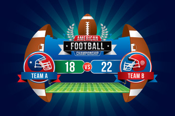 Wall Mural - Vector of American football championship with team competition and scoreboard on green field background.