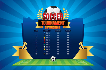 Wall Mural - Vector of soccer tournament championship with team competition and scoreboard on green field background.