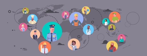 Wall Mural - People Group Different Occupation Over World Map Workers Profession Connection Flat Vector Illustration