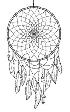 Hand Drawn Native American Indian Talisman Dreamcatcher With Feathers And Moon. Vector Hipster Illustration Isolated On White. Ethnic Design, Boho Chic, Tribal Symbol.