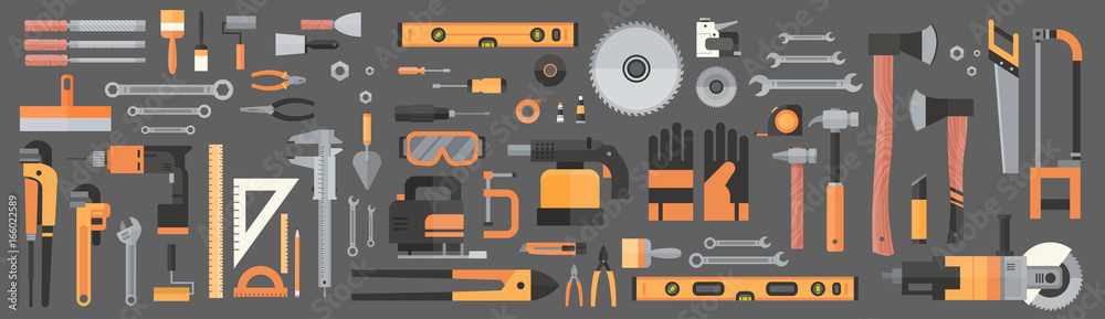 Set Of Repair And Construction Working Hand Tools, Equipment Collection Flat Vector Illustration - obrazy, fototapety, plakaty 