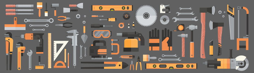 Wall Mural - Set Of Repair And Construction Working Hand Tools, Equipment Collection Flat Vector Illustration