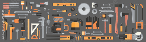 Cuadros en Lienzo Set Of Repair And Construction Working Hand Tools, Equipment Collection Flat Vec