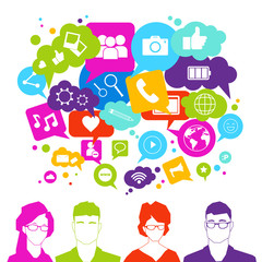 Fototapete - People Group Over Social Media Icons On White Background Network Communication Concept Vector Illustration