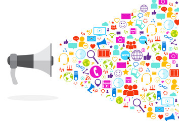 Poster - Megaphone Social Media Icons On White Background Network Communication Concept Vector Illustration