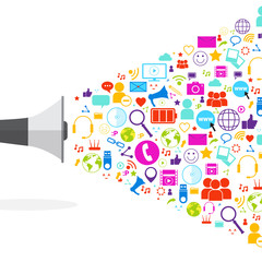 Poster - Megaphone Social Media Icons On White Background Network Communication Concept Vector Illustration