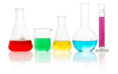 laboratory glassware filled with colorful liquid 