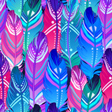 Hand drawn vector seamless pattern with painted bird feathers. Titled background. Colorful art for your design. Trendy  boho style patterned elements.