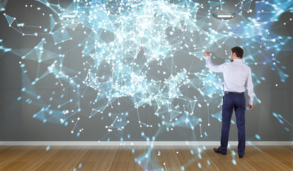 Poster - Businessman using connection network on a wall 3D rendering