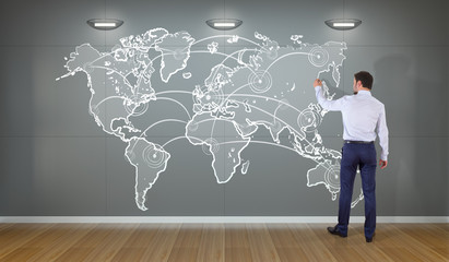 Poster - Businessman drawing manuscript world map connection on a wall 3D rendering