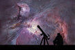 Man with telescope looking at the stars. The Orion Nebula Messier 42 diffuse nebula  in constellation Orion.