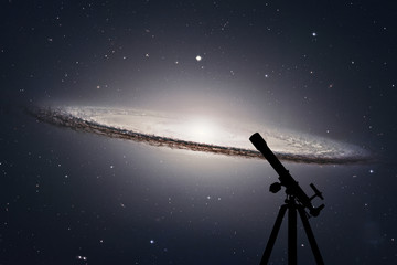 Wall Mural - space background with silhouette of telescope. sombrero galaxy m104 in constellation virgo.