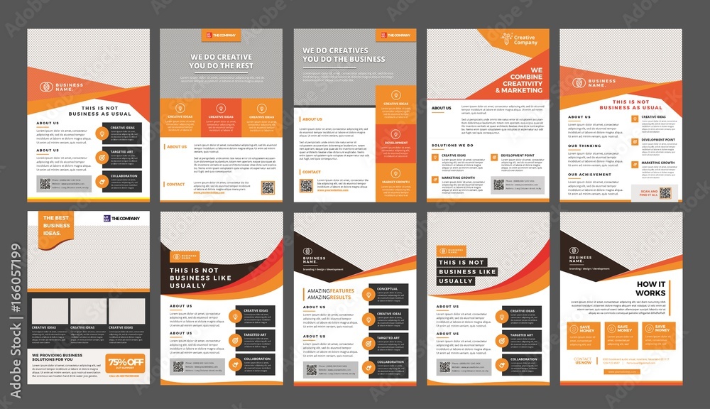 a bundle of 10 templates of a4 flyer template, modern template, in orange and yellow color, and modern design, perfect for creative professional business - obrazy, fototapety, plakaty 