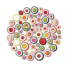 Wall Mural - sushi cartoon icons set on circle. sushi vector illustration for design and web isolated on white ba