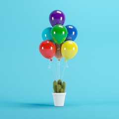 Wall Mural - Colorfull Balloons Floating with white flowerpot Cactus on blue background. minimal concept idea.
