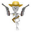 3D Skeleton Mascot is cowboys holding a revolver gun with both hands. 3D Skull Character Design Series.