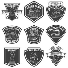 Set Of The Emblems With Vintage Trains Isolated On White Background. Design Elements For Logo, Label, Emblem, Sign, Badge. Vector Illustration