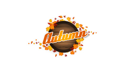 Wall Mural - Vector Autumn Background Design, with orange leaves and wooden barrel with space for your text. Isolated on white.