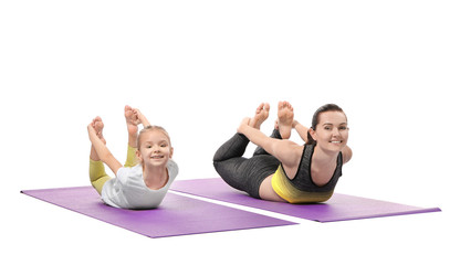 Sticker - Mother and daughter doing exercise on white background